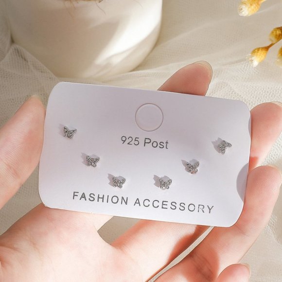 #NEW [3 PAIRS SET] 925 Sterling Silver Diamond Butterfly Earrings - Picture 3 of 5